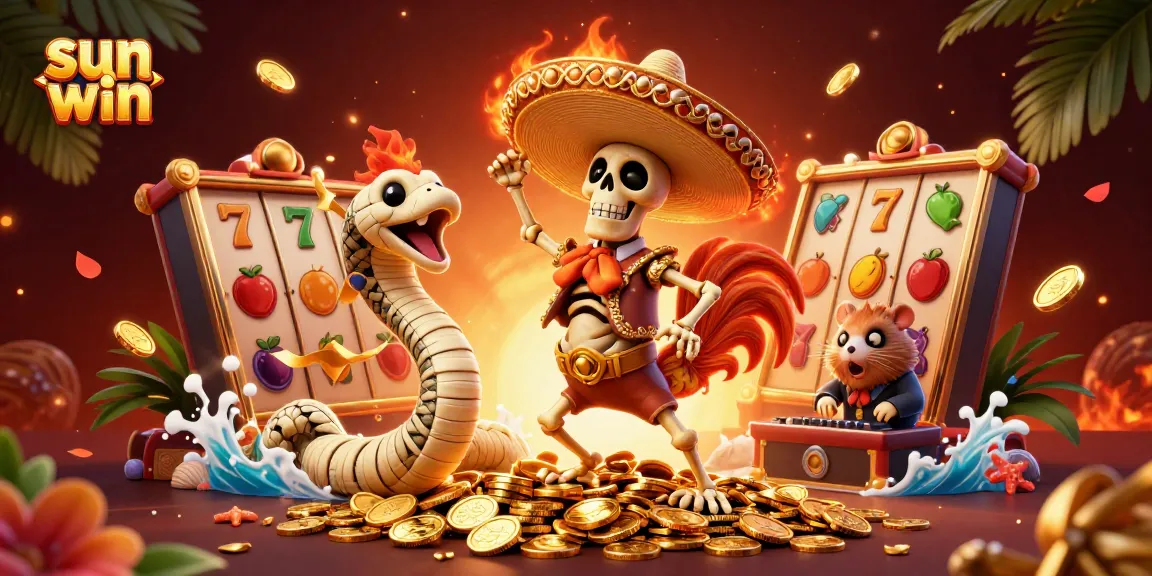 Experience thrilling wins at Sun Win with vibrant casino characters dancing among golden treasures.