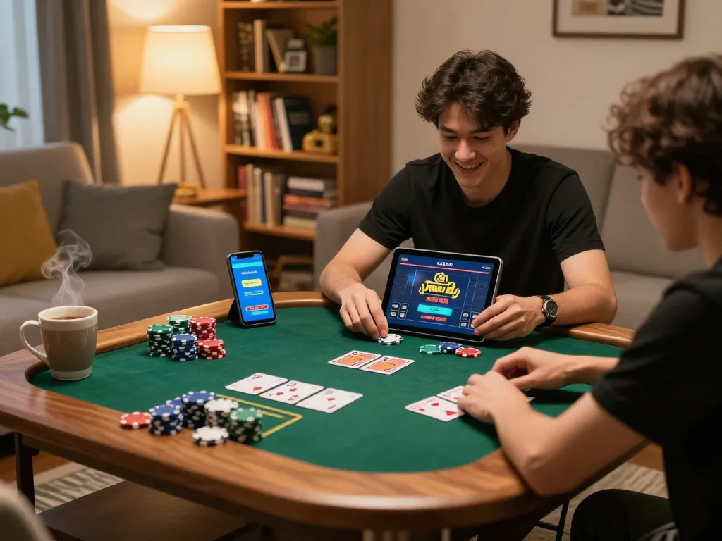 Engaging home scene of Game bai doi thuong on a tablet, with cozy atmosphere and poker setup, highlighting strategic gaming.