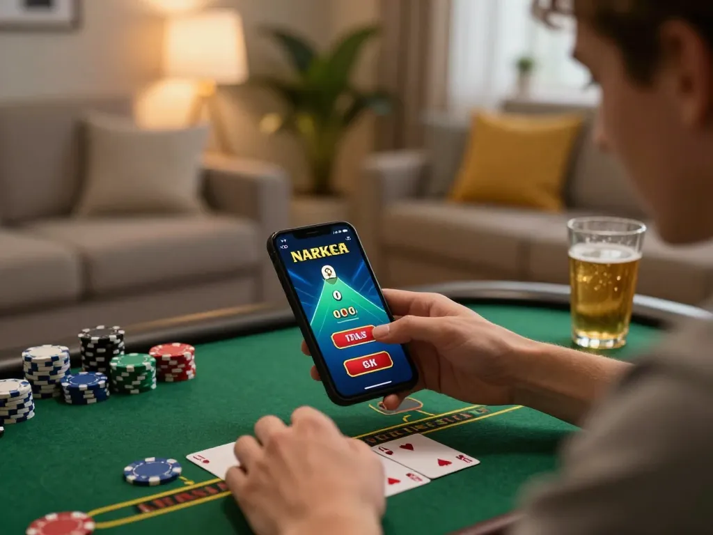 Player engages in an exciting blackjack game on 33win mobile app at home.