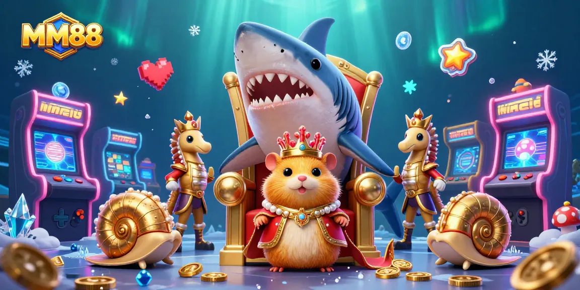 Engage with MM88's thrilling underwater world featuring a golden hamster king surrounded by game machines.
