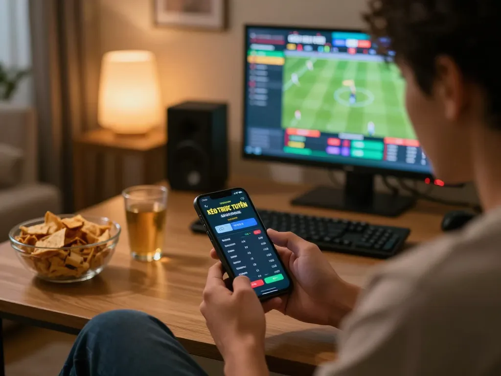 KÈO TRỰC TUYẾN shown on smartphone app during a lively home sports betting session, conveying excitement and engagement.