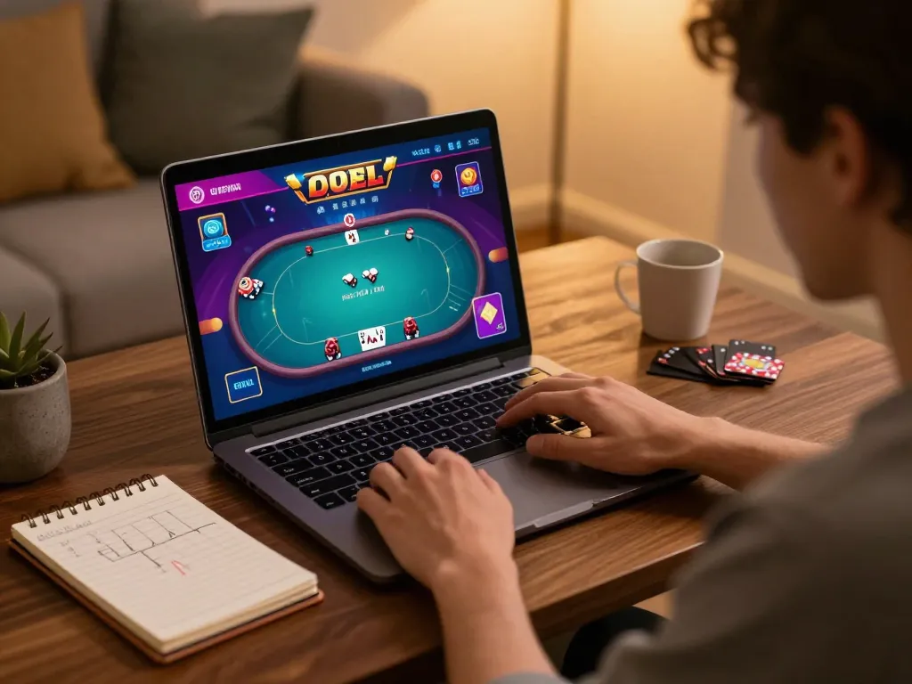 MM88 player enjoying engaging poker game on laptop with strategic notes nearby