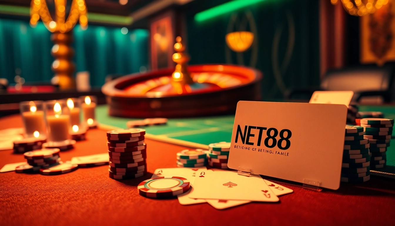 Engaging poker scene featuring NET88 betting slip, vibrant casino elements, and thrilling atmosphere.