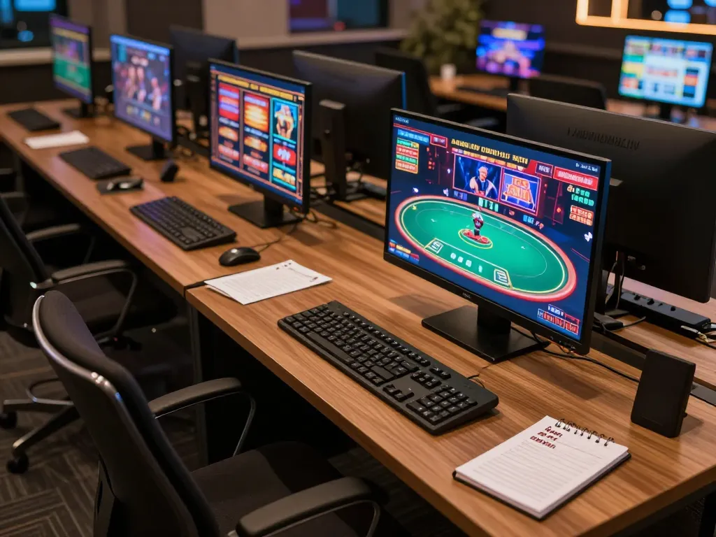 Engaging online gambling scene with vin88 gaming setup showcasing poker and slots, emphasizing strategic gameplay.
