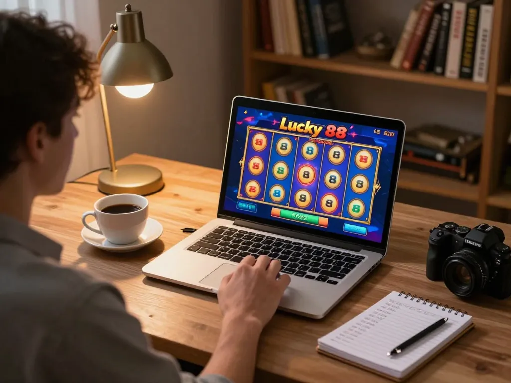 Player enjoying Lucky 88 slot game on laptop in cozy home office setup