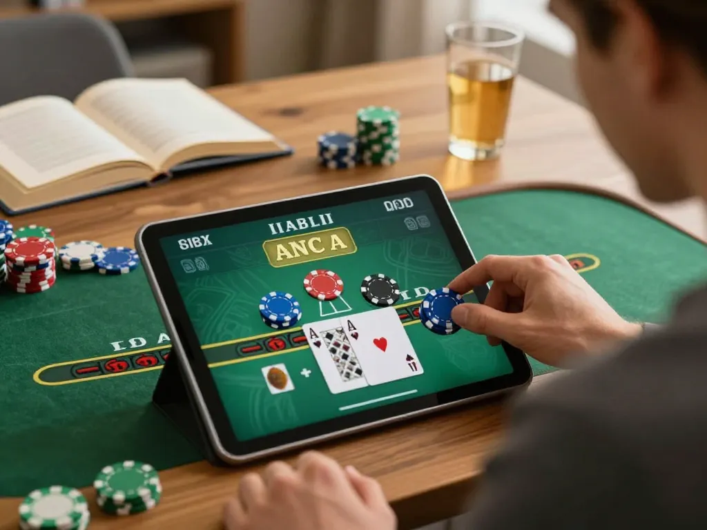 Player using u888 app for online blackjack, demonstrating strategy while enjoying a cozy home setting.