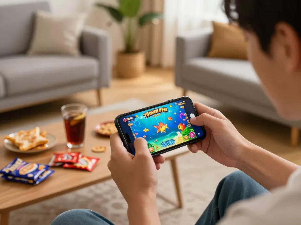 Engaged player using 789winpen app for bắn cá game in cozy home setting.