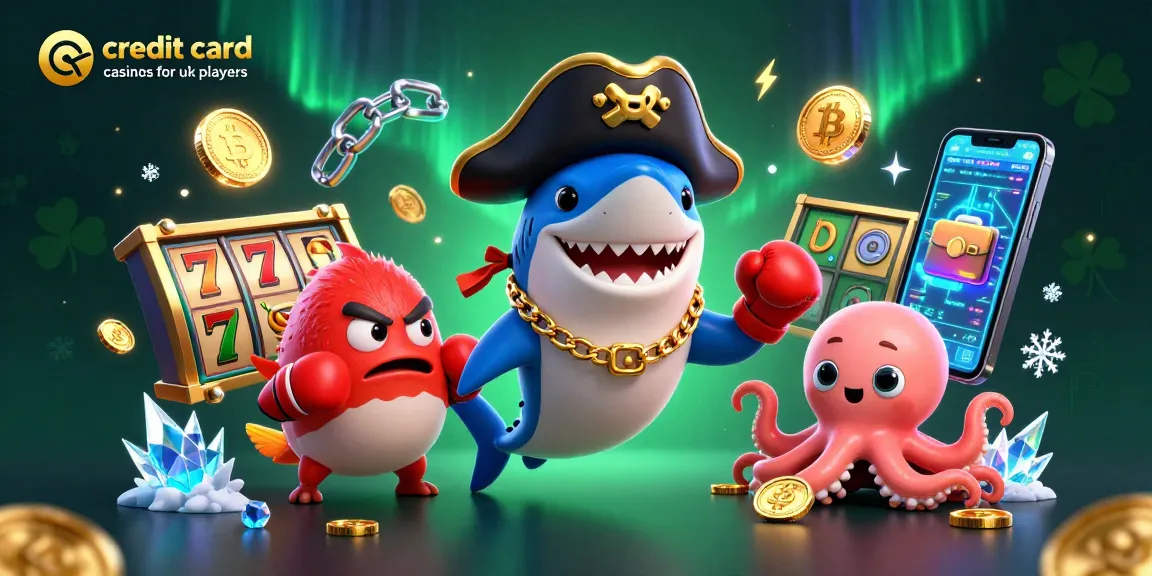 Engage with credit card casinos for UK players through this vibrant 3D illustration of casino-themed characters and cryptocurrency elements.