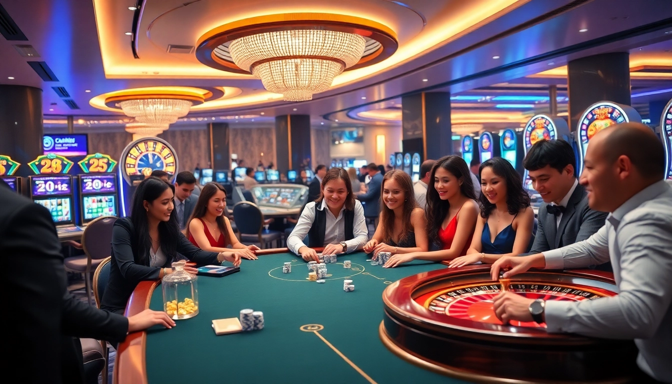 Players enjoying casino games at QQ88 with vibrant tables and exciting slot machines.