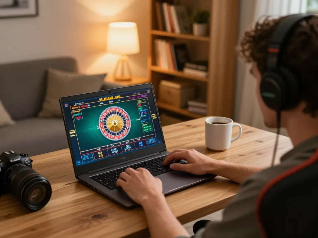 Player engaged in online gaming at https://ee888.sa.com/ using laptop in cozy home setup.