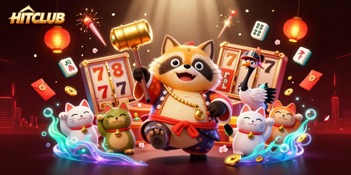 Spin the reels at HITCLUB with cheerful characters and vibrant casino elements celebrating luck and fortune.