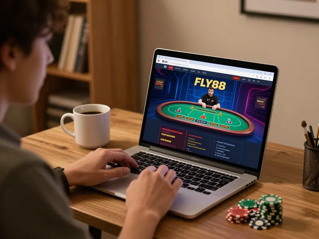 Player enjoying FLY88 online casino gaming from a cozy home setup with warm ambiance.
