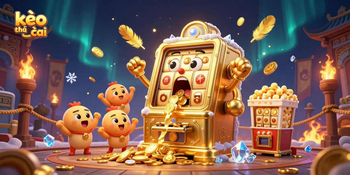Kèo nhà cái offers exciting visuals featuring a golden slot machine celebrating its jackpot win with baby machines and a popcorn machine.