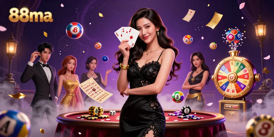 Engage in thrilling gameplay at 88ma with a stunning Asian dealer showcasing ace cards in a lavish casino.