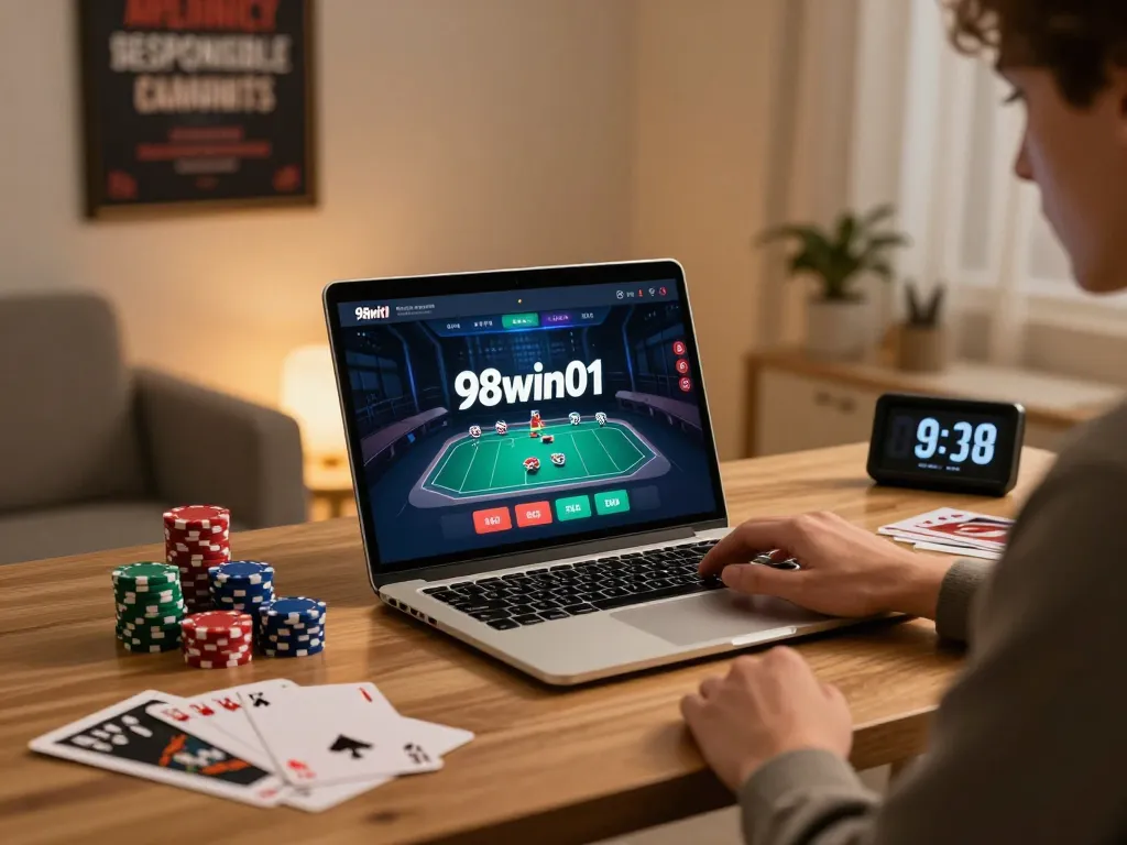 Player engaging with 98win01 gaming platform in a stylish home office setting