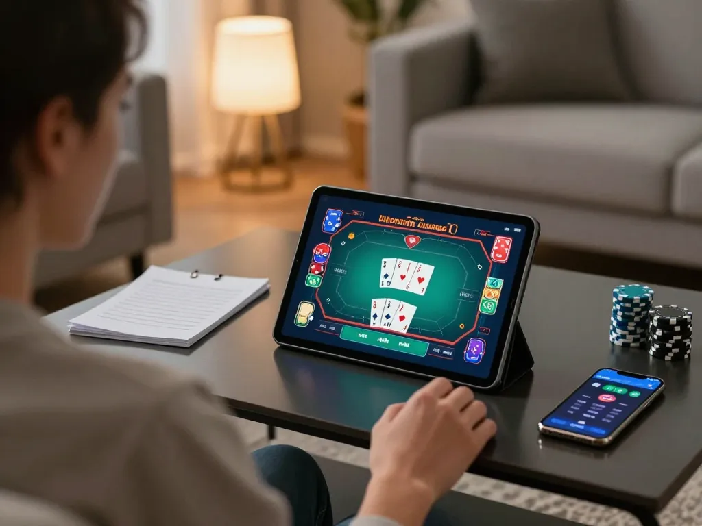 Engaging in a strategic sunwin poker game on a tablet in a cozy living room.