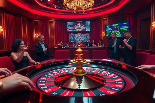 Experience HAYBET's thrilling gambling atmosphere with roulette wheels and poker chips.