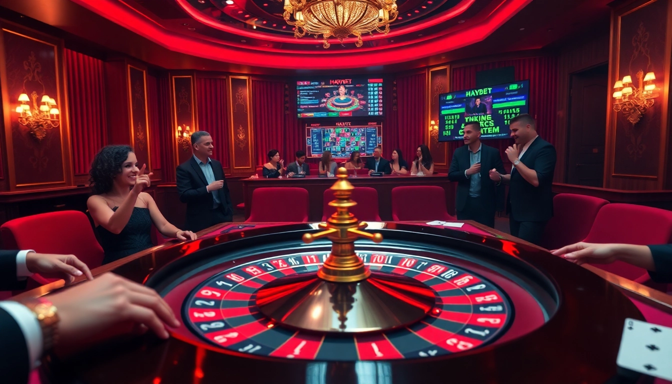 Experience HAYBET's thrilling gambling atmosphere with roulette wheels and poker chips.