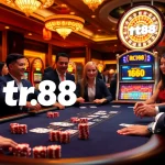 Experience the excitement of gambling with tr88 at a luxurious poker table in a vibrant casino.