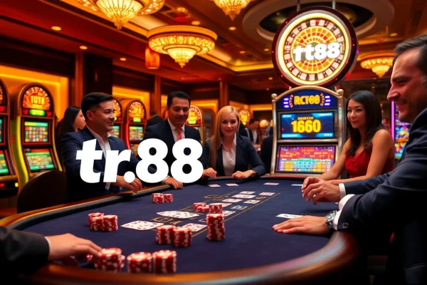 Experience the excitement of gambling with tr88 at a luxurious poker table in a vibrant casino.