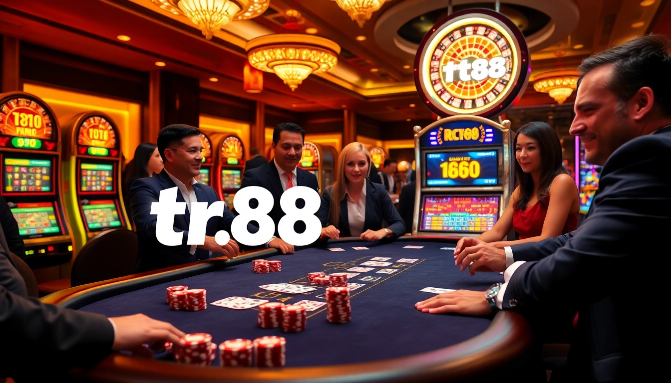 Experience the excitement of gambling with tr88 at a luxurious poker table in a vibrant casino.