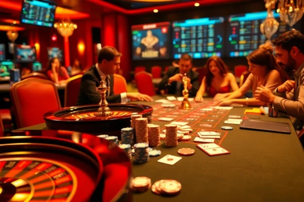 Engaging casino atmosphere at https://fun79.bio/ with poker chips and roulette wheel.