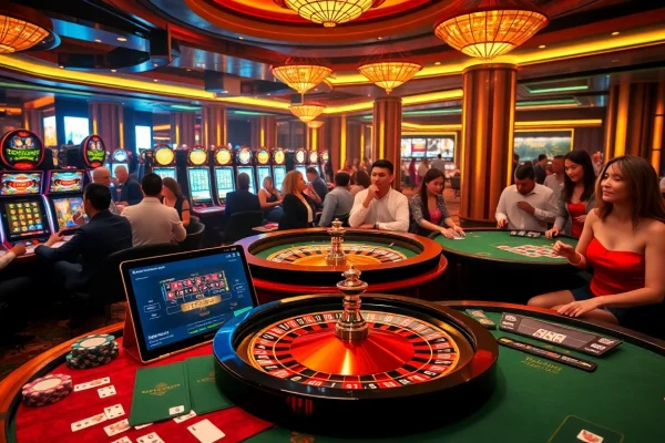 The energetic casino scene at http://ww88h.com/ showcasing players at roulette and poker tables, featuring vibrant colors and excitement.