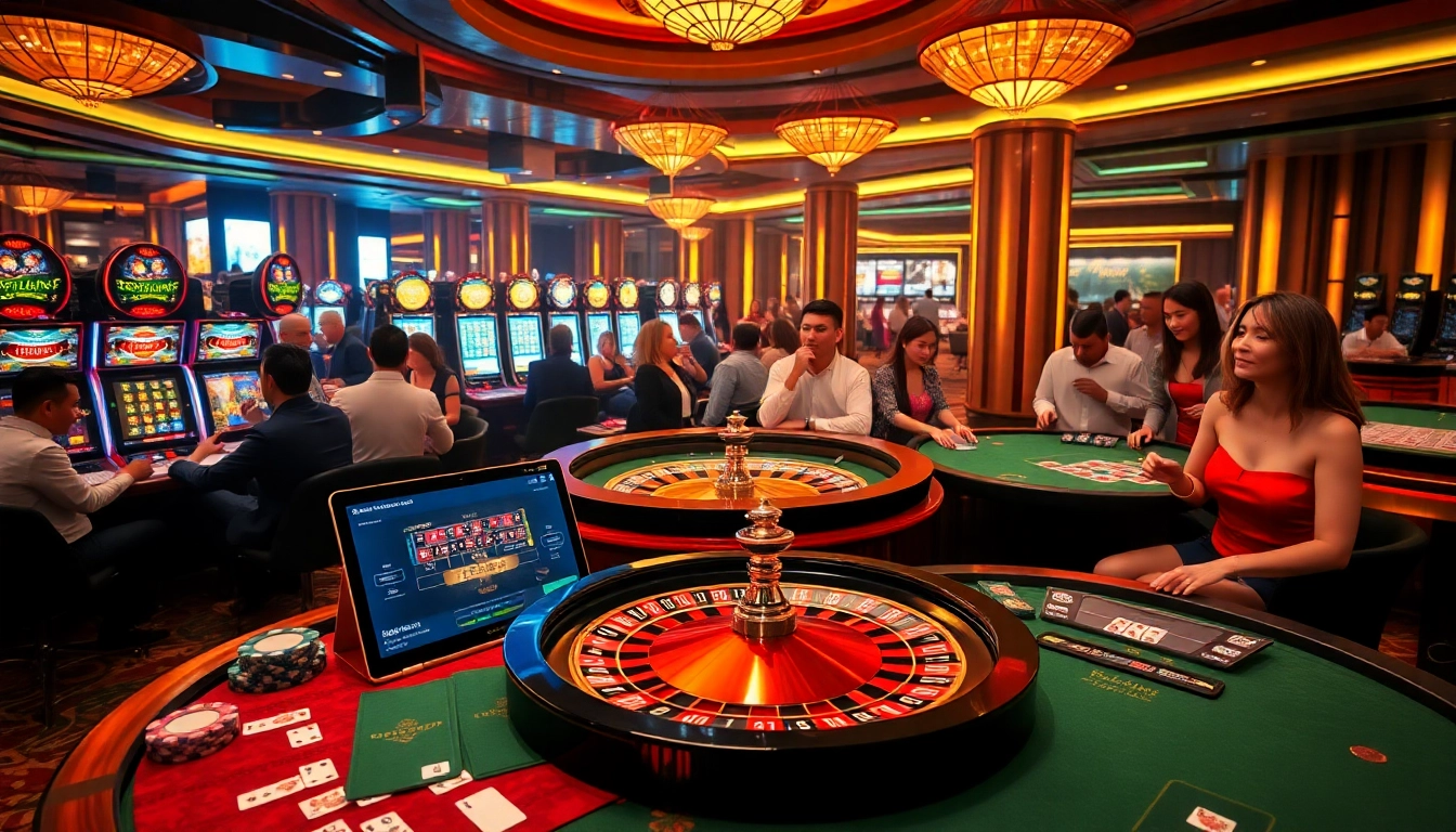 The energetic casino scene at http://ww88h.com/ showcasing players at roulette and poker tables, featuring vibrant colors and excitement.