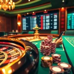 Engaging scene showcasing nhà cái nk88 with luxurious casino tables and betting interfaces.