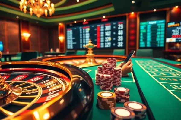 Engaging scene showcasing nhà cái nk88 with luxurious casino tables and betting interfaces.