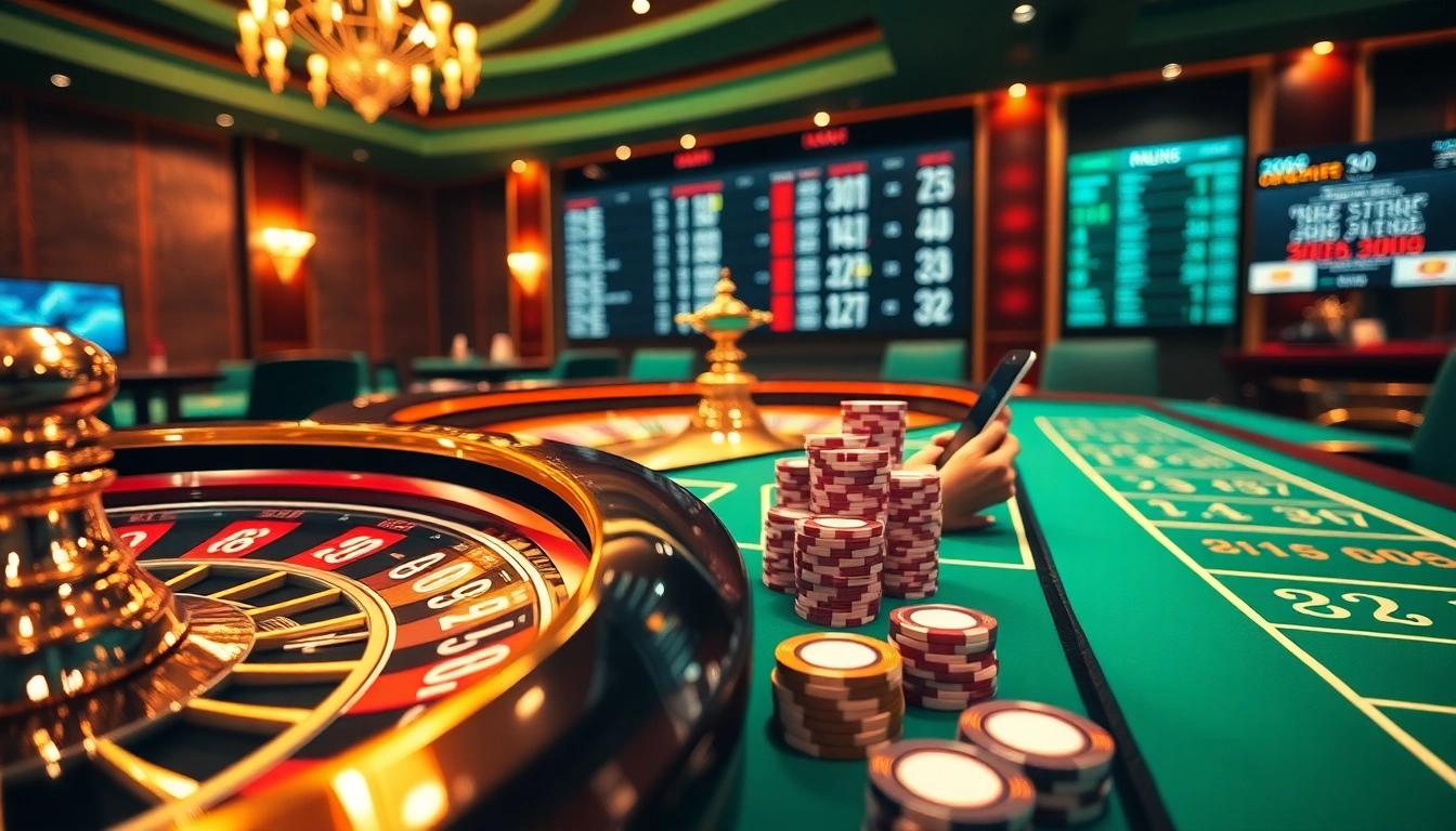 Engaging scene showcasing nhà cái nk88 with luxurious casino tables and betting interfaces.