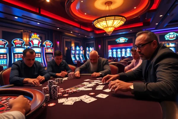 Intense poker game action at a casino with 888vnd currency featured.