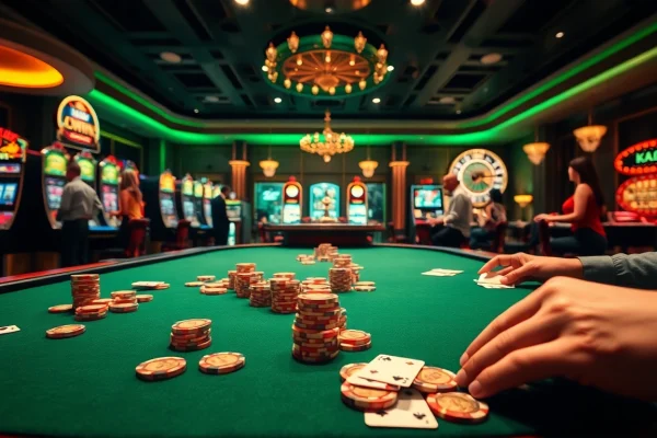 Action-packed gambling scene with players at a casino table, blending kjc.football elements.