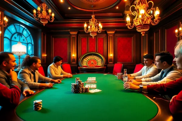 Engage with vv jl at a high-stakes poker table with players, chips, and cards in a lavish casino setting.