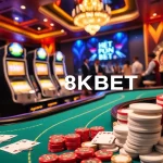 Rút tiền 8KBET process in an engaging casino setting with poker tables and slot machines.