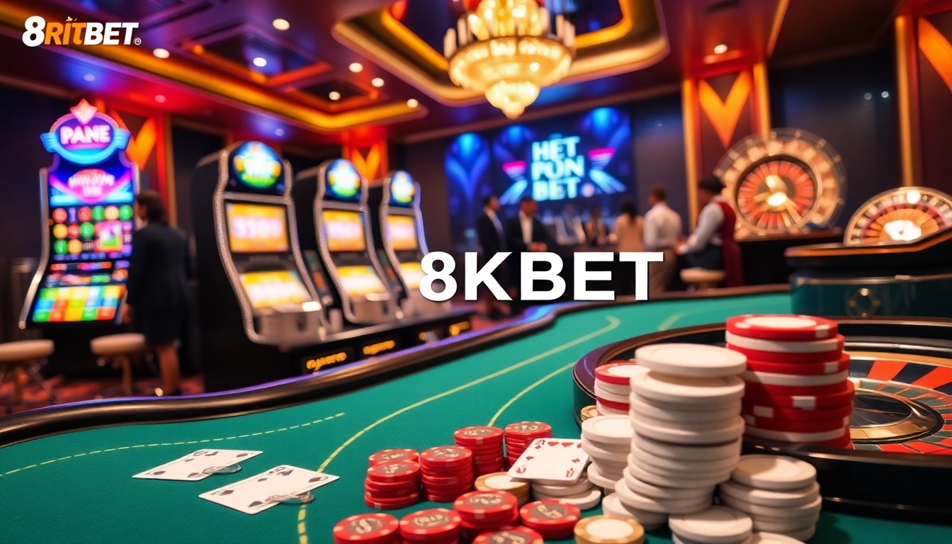 Rút tiền 8KBET process in an engaging casino setting with poker tables and slot machines.