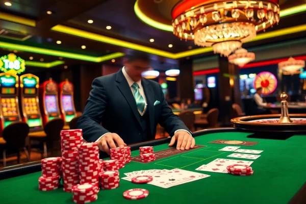 A vibrant casino table scene with cards and chips, inspired by https://tr88.bio/ for thrilling gambling experiences.