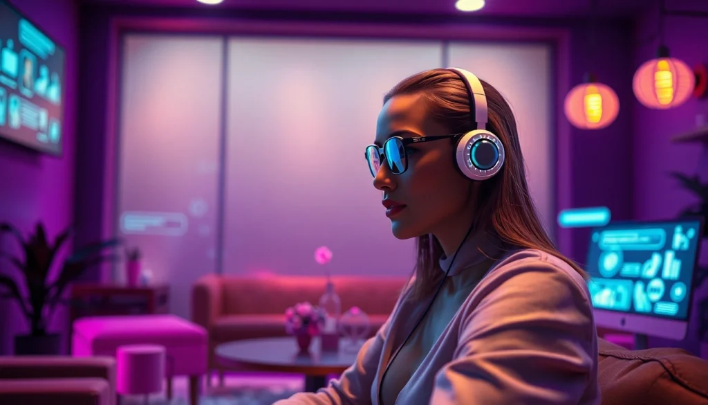 Engaging AI chat interface in a cozy virtual lounge focusing on sex chat AI