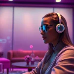 Engaging AI chat interface in a cozy virtual lounge focusing on sex chat AI