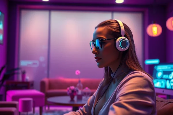 Engaging AI chat interface in a cozy virtual lounge focusing on sex chat AI