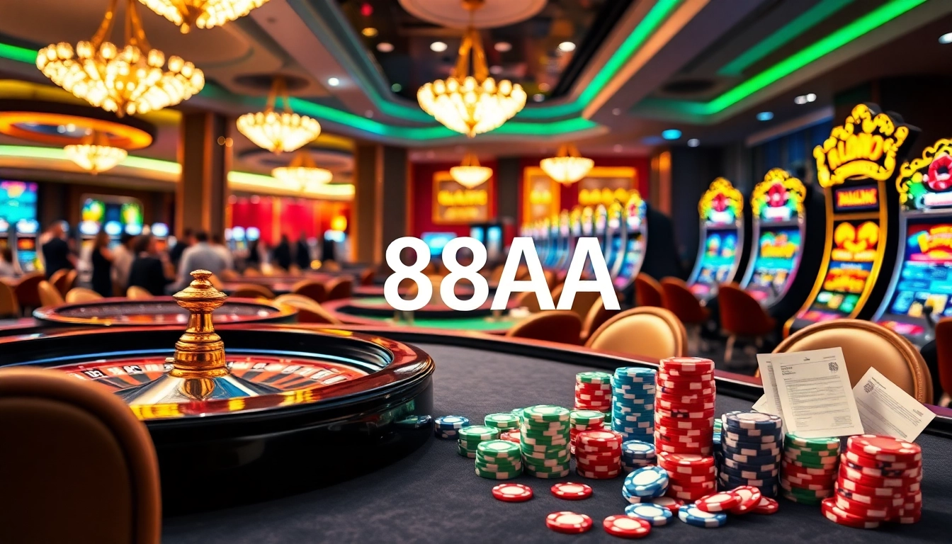 Experience the thrill of 88AA Đăng nhập with vibrant casino visuals showcasing tables, chips, and excitement.