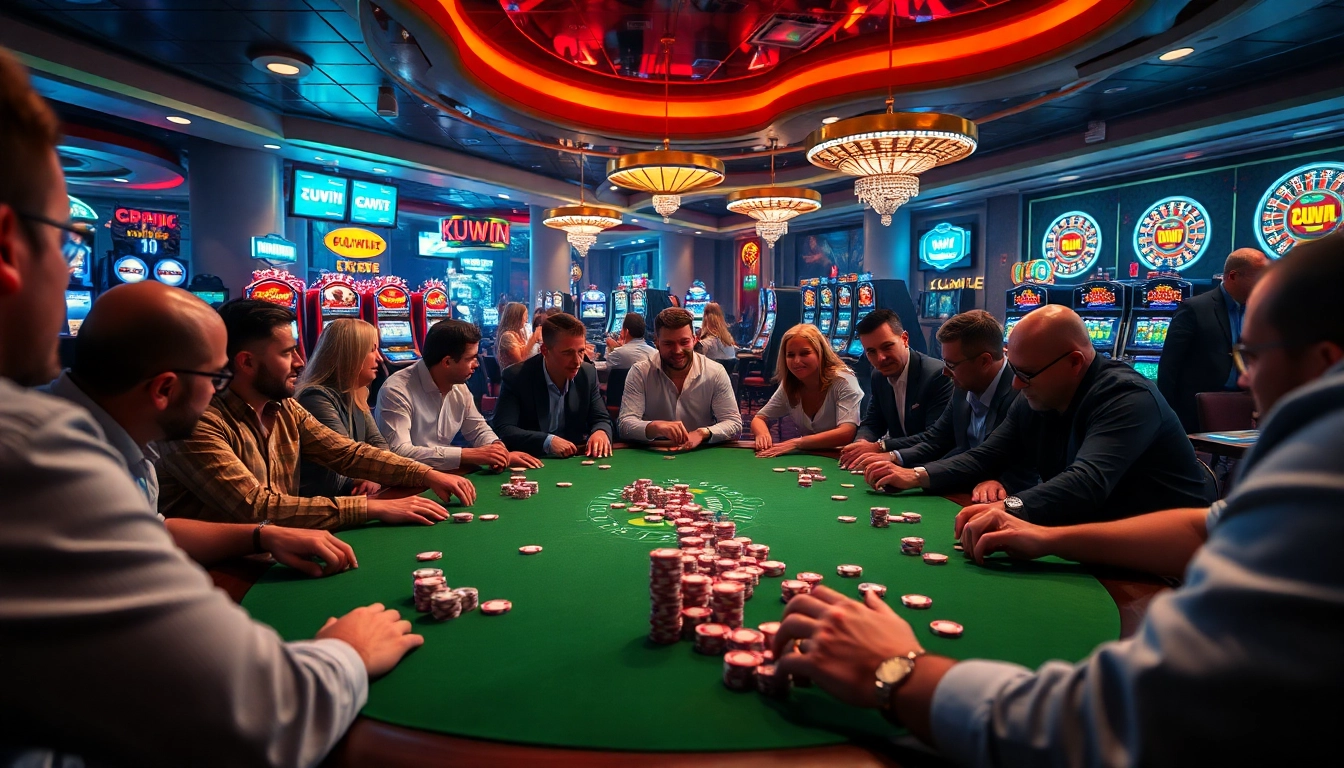 Players engaging in a high-stakes poker game at a luxurious casino highlighting KUWIN.