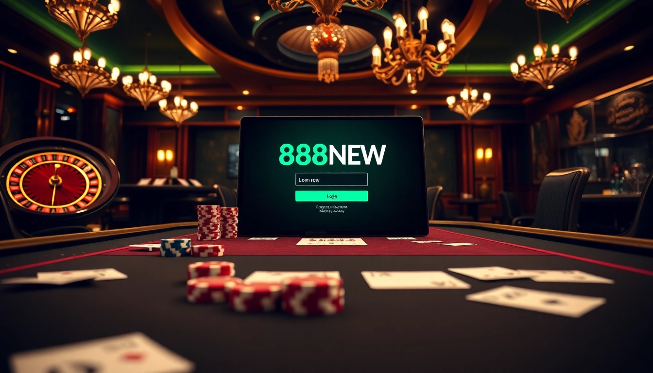Engaging scene of 888NEW Đăng nhập with poker chips and casino tables showcasing excitement and professionalism.