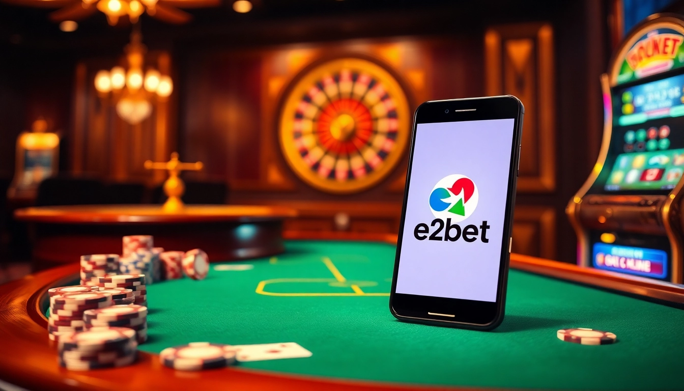 Experience the thrill of e2bet at a luxurious casino table with vibrant slot machines and poker chips.