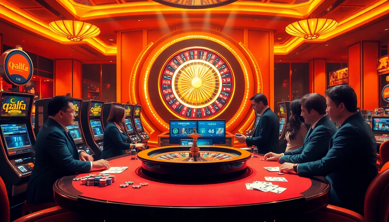 Experience the excitement of qqalfa with players enjoying high-stakes casino games and vibrant slot machines.