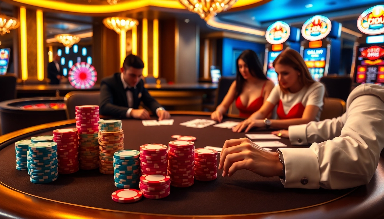 Exciting poker game at F88BET casino with vibrant chips and elegant ambiance.