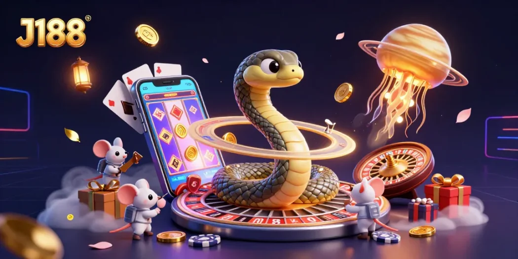 J188 spins the roulette wheel with cosmic characters in a vibrant casino scene.