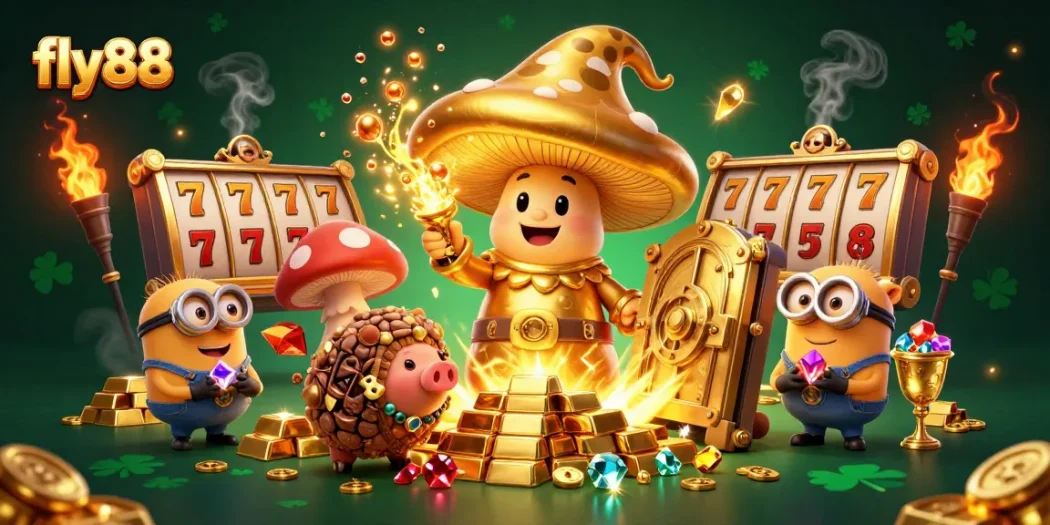 Experience thrilling wins with fly88's golden mushroom wizard in an exciting casino adventure.