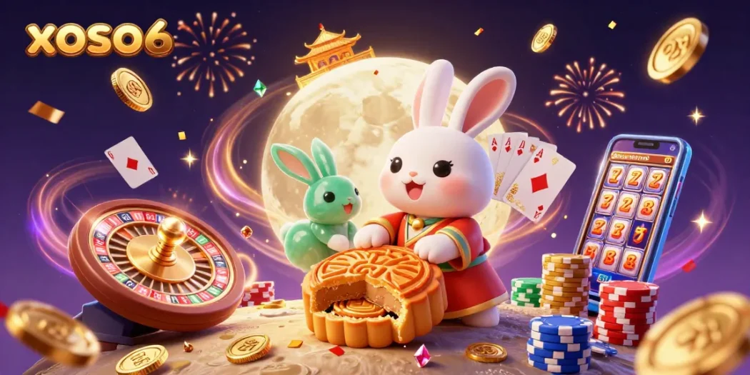Experience the thrill of xoso66 with the moon rabbit playing poker and celebrating wins with cascading coins.