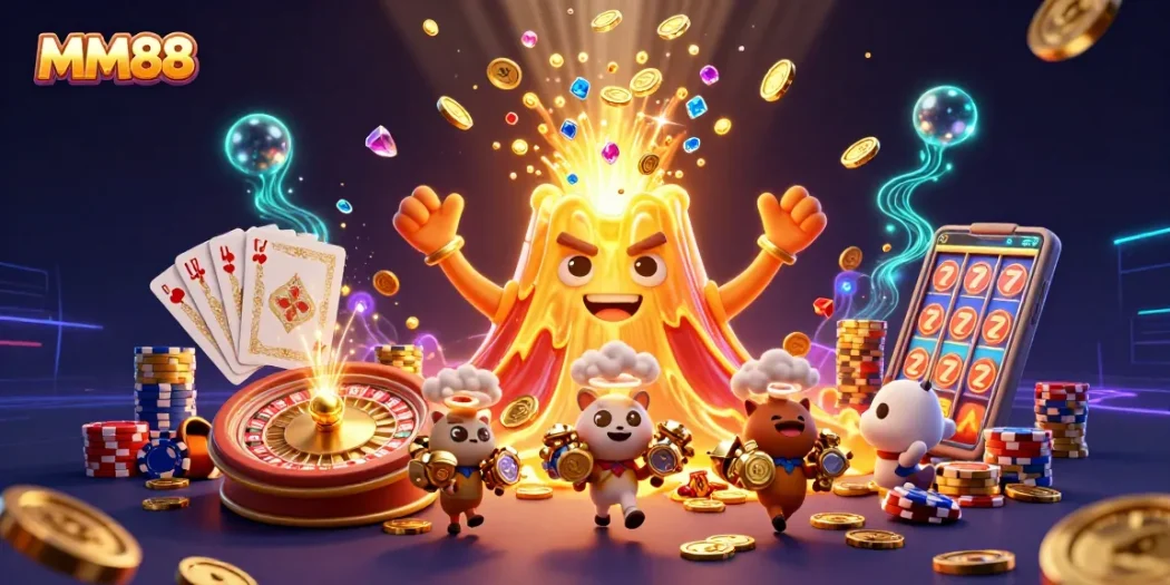 Experience the excitement of MM88 with dynamic casino elements and rich illustrations of treasure and gaming.